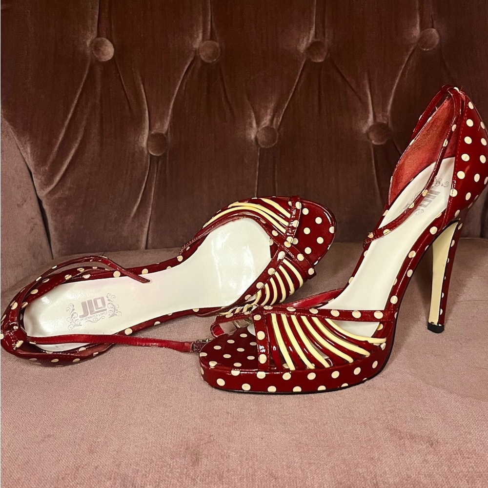JLo red polka dot heels